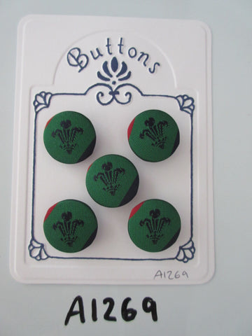 A1269 - Lot of 5 Handmade Green, Red & Navy w/ 3 Feathers Fabric Covered Buttons