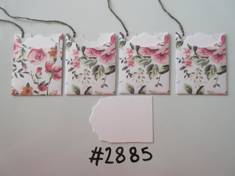Set of 4 #2885 White with Pink Flower Roses Unique Handmade Gift Tags