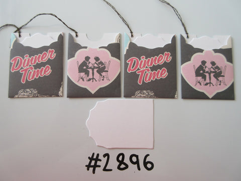 Set of 4 No. 2896 Black with Pink 'Dinner Time' and Table Motif Unique Handmade Gift Tags