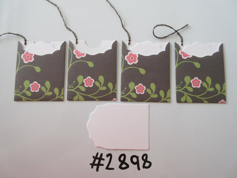 Set of 4 No. 2898 Black with Green Leaf Vines and Pink Flower Unique Handmade Gift Tags