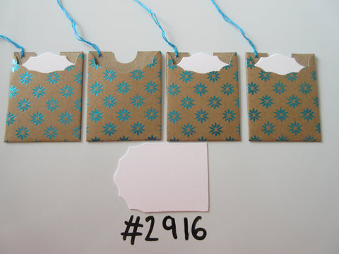 Set of 4 No. 2916 Brown with Blue Foil Flower Print Unique Handmade Gift Tags