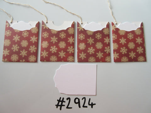 Set of 4 No. 2924 Red with Cream Coloured Snowflakes Unique Handmade Gift Tags