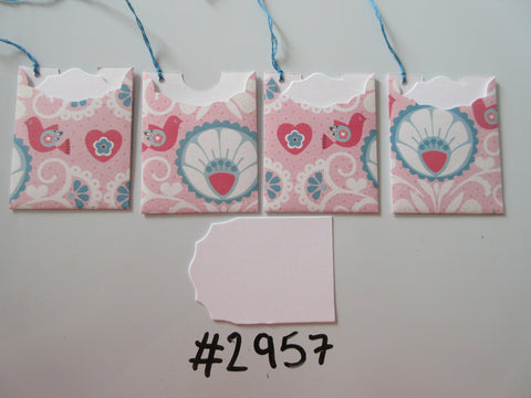 Set of 4 No. 2957 Pink with Pink & Blue Bird Detail Unique Handmade Gift Tags