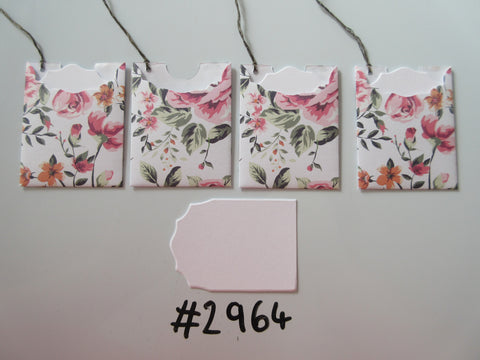 Set of 4 No. 2964 White with Pink Rose Flowers Unique Handmade Gift Tags