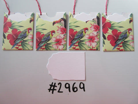 Set of 4 No. 2969 Pale Green with Tropical Birds & Flowers Unique Handmade Gift Tags
