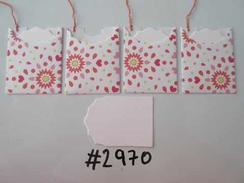 Set of 4 No. 2970 White with Orange & Pink Flower & Heart Bursts Unique Handmade Gift Tags