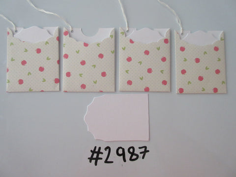 Set of 4 No. 2987 Cream with Pale Blue Dots & Pink Apples Unique Handmade Gift Tags