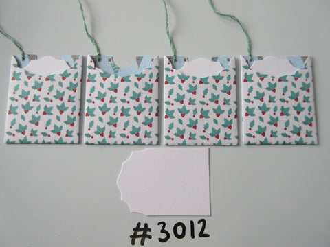 Set of 4 No. 3012 White with Holly & Berries Unique Handmade Gift Tags