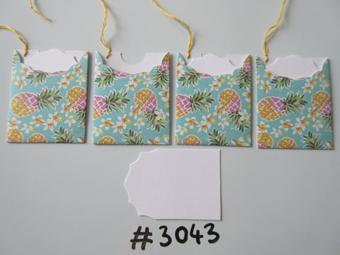 Set of 4 No. 3043 Blue with Pineapples & White Flowers Unique Handmade Gift Tags