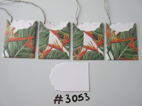 Set of 4 No. 3053 White with Tropical Leaves & Bird of Paradise Unique Handmade Gift Tags