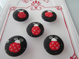 B1099 Lot of 5 Handmade Black with Red Ladybird / Ladybug Fabric Covered Buttons