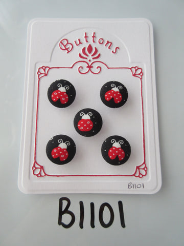 B1101 Lot of 5 Handmade Black with Red Ladybird / Ladybug Fabric Covered Buttons