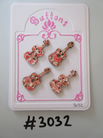 #3032 Lot of 4 Pink Flower Print Violin & Guitar Shape Wooden Buttons