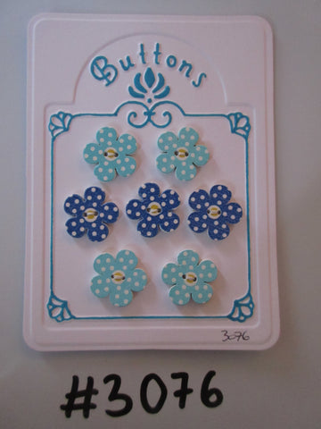 #3076 Lot of 7 Mixed Blue Flower Shape Wooden Buttons