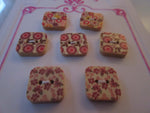 #3089 Lot of 7 Floral Print Square Wooden Buttons