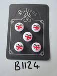B1124 Lot of 5 Handmade White with Union Jack Heart Design - Patriotic Fabric Covered Buttons