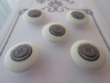 B1128 Lot of 5 Handmade White with Grey Button Print Fabric Covered Buttons