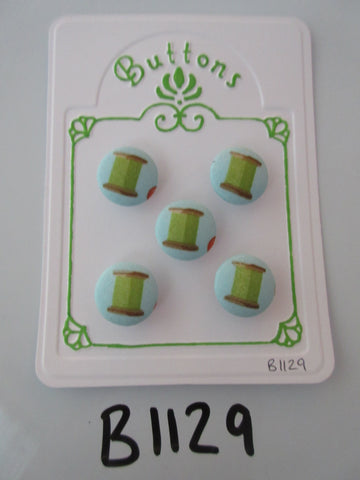 B1129 Lot of 5 Handmade Blue with Lime Green Cotton Reel Print Fabric Covered Buttons